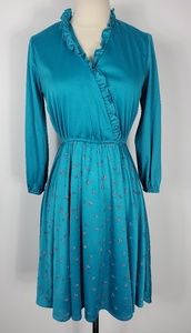 1970s Unlabeled Blue Floral, Polyester Dress